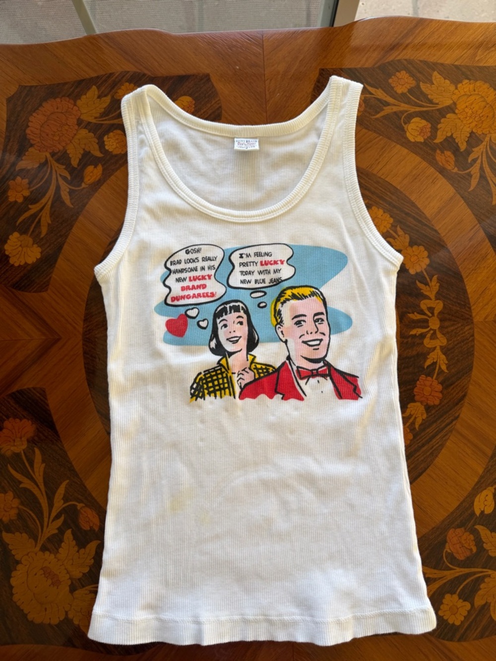 Lucky Brand White Ribbed Knit Tank with Red and Navy Tag Detail